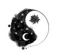 Space yin yan ying yang symbol with stars, moon and black sun. Watercolor in artistic style with splashes, drops of Royalty Free Stock Photo