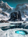 Spacebase on frozen alien planet, science fiction scenery, generative ai illustration