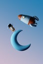 Spaceboy cheering on the crescent moon with his rocket in space. Science and space exploration for kids. Royalty Free Stock Photo