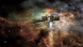 Spacecraft in a deep space on a background of nebula clouds and galaxy star. Royalty Free Stock Photo