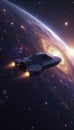 Spacecraft exploring vast galaxy scene with starlight, astronomical objects, nebulas, space exploration