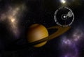 Spacecraft flying to Saturn in outer space. Royalty Free Stock Photo