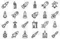 Spacecraft launch icons set, outline style