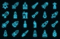 Spacecraft launch icons set vector neon