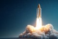 Spacecraft Launching into Starry Night Sky with Bright Flames and Smoke Trails Royalty Free Stock Photo