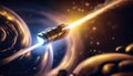Firefly spacecraft traverses through cosmic void, navigating intricate wormholes in deep space