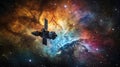 Spacecraft navigating vibrant nebula in deep space a stunning celestial journey through the cosmos Royalty Free Stock Photo