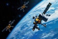 Spacecraft and satellites orbiting Earth in a vivid depiction of technological exploration Royalty Free Stock Photo