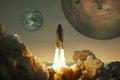 Spacecraft takes off into the sky with the planet Earth and the planet Mars. Rocket flies to the planet. Concept of interplanetary Royalty Free Stock Photo