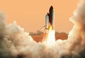 Spacecraft takes off into space. Rocket on the planet Mars