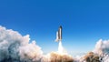 Spacecraft takes off into space. The rocket starts in the blue sky. Travel concept. Royalty Free Stock Photo