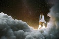 Spacecraft takes off into space. Start of the journey. Space Exploration. Rocket with smoke on the starry sky Royalty Free Stock Photo