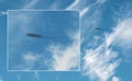 Spacecraft, ufo in sky and alien on camera screen outdoor, science fiction fantasy or conspiracy theory. Evidence of