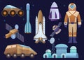 Spacecrafts, colony building, rocket, cosmonaut in space suit, sattelite and mars robot rover set. Vector galaxy space Royalty Free Stock Photo