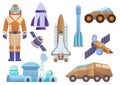 Spacecrafts, colony building, rocket, cosmonaut in space suit, sattelite and mars robot rover set. Vector galaxy space