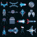 Spacecrafts flat icons equipment set. Cosmonaut space suit symbol. Vector spaceship collection