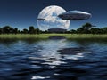 Spacecrafts flies over water surface Royalty Free Stock Photo