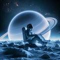 A spaceman or astronaut sitting against a background of Saturn planet Royalty Free Stock Photo