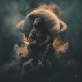 A spaceman or astronaut sitting against a background of Saturn planet Royalty Free Stock Photo