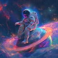 A spaceman or astronaut sitting on Saturn planet Royalty Free Stock Photo