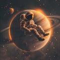 A spaceman or astronaut sitting on Saturn planet Royalty Free Stock Photo