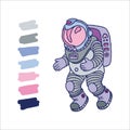 Spaceman cosmonaut and astronaut white, blue, violet and pink universe vector cartoon illustration space cosmos logo Royalty Free Stock Photo