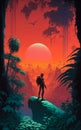 Spaceman explores a strange alien jungle alone, vintage science fiction paperback style art. Generative AI