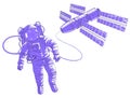 Spaceman flying in open space connected to space station, astronaut man or woman in spacesuit floating in weightlessness and iss