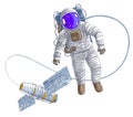 Spaceman flying in open space connected to space station, astronaut man or woman in spacesuit floating in weightlessness and iss