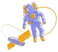 Spaceman flying in open space connected to space station, astronaut man or woman in spacesuit floating in weightlessness and iss