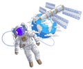 Spaceman flying in open space connected to space station and earth planet in background, astronaut man or woman in spacesuit