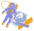 Spaceman flying in open space connected to space station and earth planet in background, astronaut man or woman in spacesuit