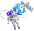 Spaceman flying in open space connected to space station and earth planet in background, astronaut man or woman in spacesuit