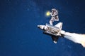 Spaceman flying on spacecraft search route in galaxy