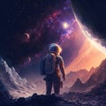 Spaceman on futuristic landscape background. Astronaut and fantasy planet in universe for National Space Day. Generative AI