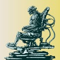 Spaceman invader sits in suit on his iron throne. Vector illustration.