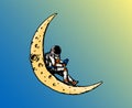 Spaceman on the moon. Astronaut is reading a book. Astronomical galaxy space. Funny cosmonaut explore adventure