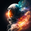 Spaceman portrait and reflection of stars background. Astronaut and colorful fantasy smoke for National Space Day. Generative AI