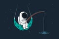 Spaceman sits on moon with a fishing rod