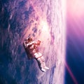 Spaceman in space with planet earth in the background. Vibrant pink and blue colors.