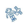 Spaceman in space with spaceship line icon concept. Spaceman in space with spaceship flat vector symbol, sign, outline