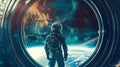 Spaceman in a spacesuit stands in front of spaceship circle window. Royalty Free Stock Photo