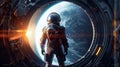 Spaceman in a spacesuit stands in front of spaceship circle window. Royalty Free Stock Photo