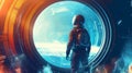 Spaceman in a spacesuit stands in front of spaceship circle window. Royalty Free Stock Photo