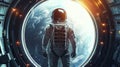 Spaceman in a spacesuit stands in front of spaceship circle window. Royalty Free Stock Photo