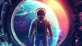 Spaceman in a spacesuit stands in front of spaceship circle window. Royalty Free Stock Photo