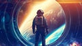 Spaceman in a spacesuit stands in front of spaceship circle window. Royalty Free Stock Photo