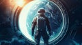 Spaceman in a spacesuit stands in front of spaceship circle window. Royalty Free Stock Photo