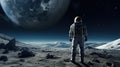 Spaceman stands on the Moon surface looking to the other planet on the background, Exploring space and other planets Royalty Free Stock Photo