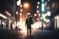 spaceman walking city street exploring night city bokeh. ai generative